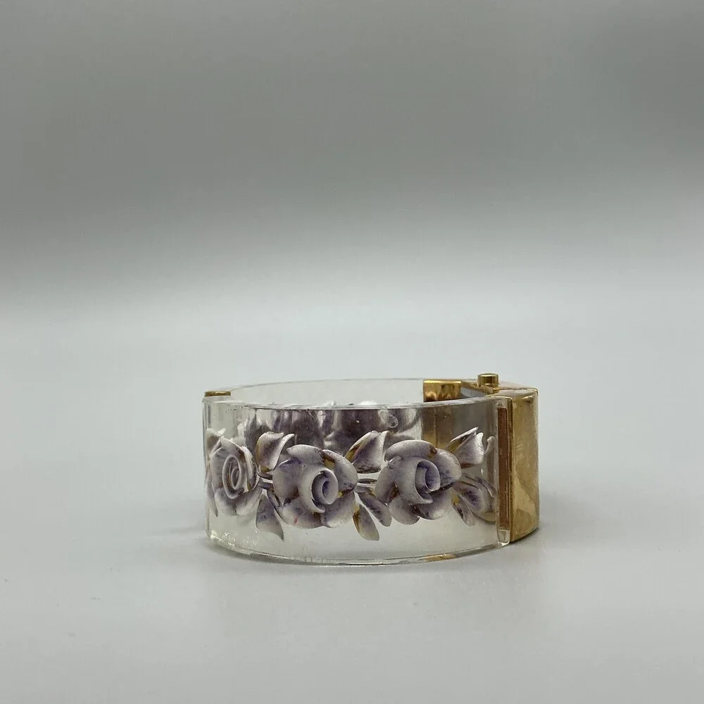 Joan Rivers Womens Watch 24mm Purple Dial Clear Floral Gold Tone New Battery